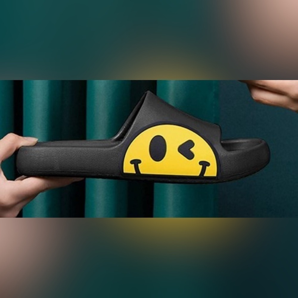 Black Slide Sandals with Yellow Smiley Face